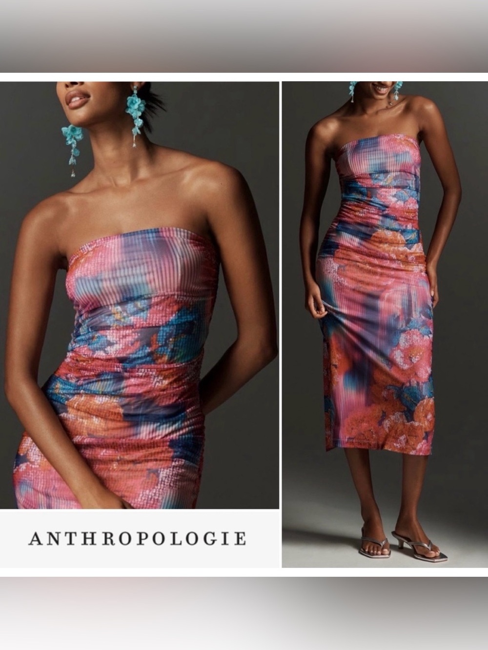 Anthropologie Soleil Strapless Ruched Mesh Floral in Pink Midi Dress Size M